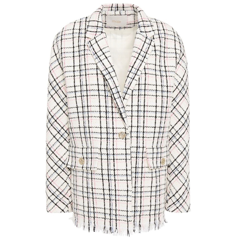 MAJE Vianey Checked Cotton Blend frayed bouclé Tweed Blazer - Women’s Sz 8  NEW